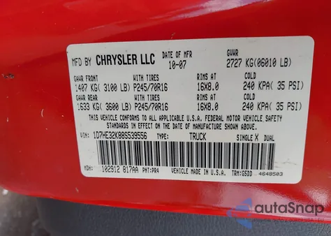 2008 Dodge Dakota Sxt/Bighorn/Lonestar from USA, damaged, VIN 1D7HE32K88S539556